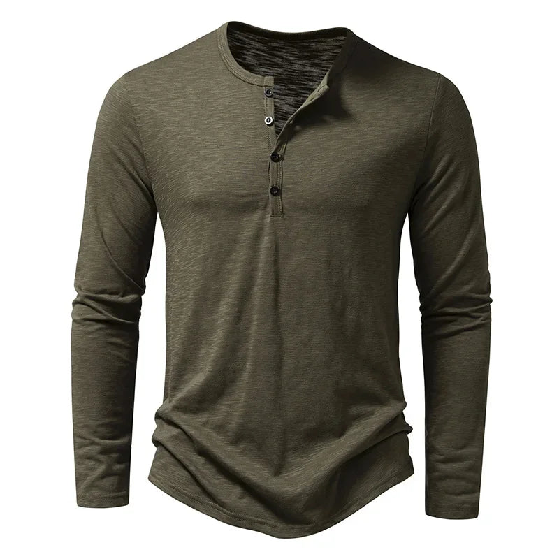 Camiseta Hombre Cuello Henley Botón Manga Larga Slim Fit – Algodón Transpirable Sólido Casual Otoño