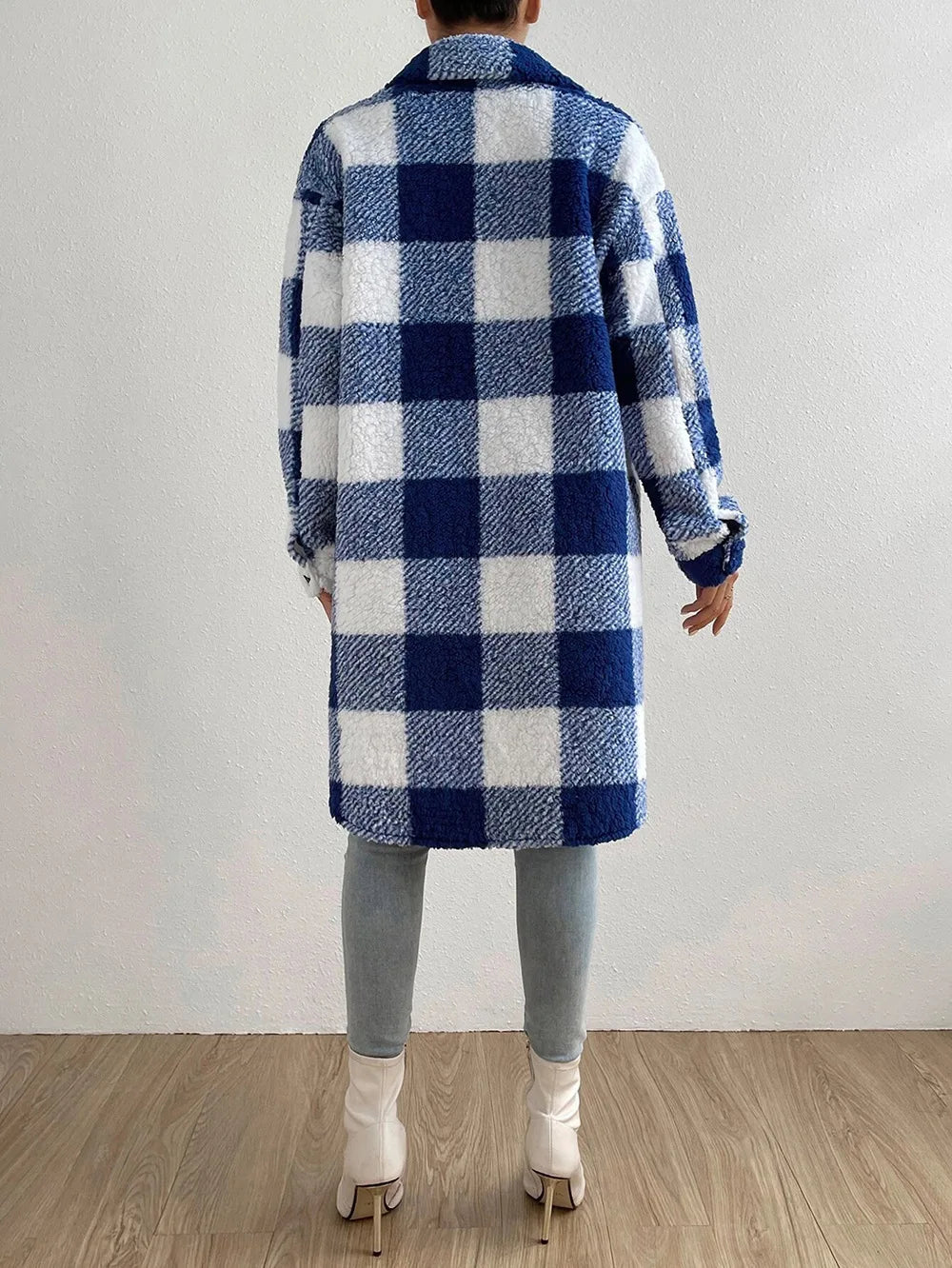 🧥 Abrigo Largo de Cuadros con Forro Polar – Estilo Trench Premium
