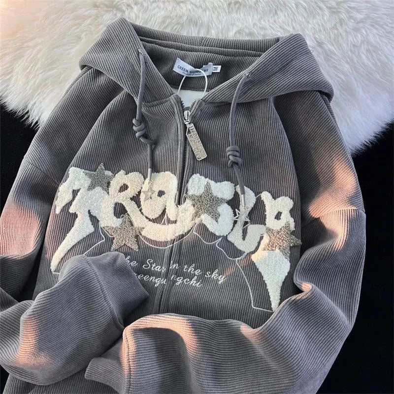 Sudadera Oversize Y2K con Cremallera y Bordado Gris
