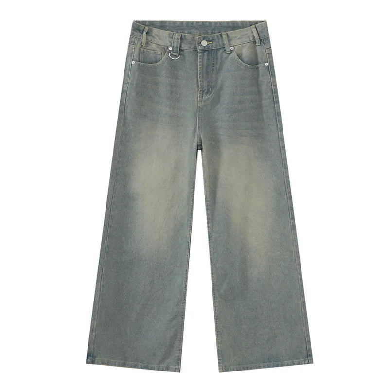 Men's Camouflage Wide-Leg Jeans – Vintage Washed Casual Denim, Size XS-XL