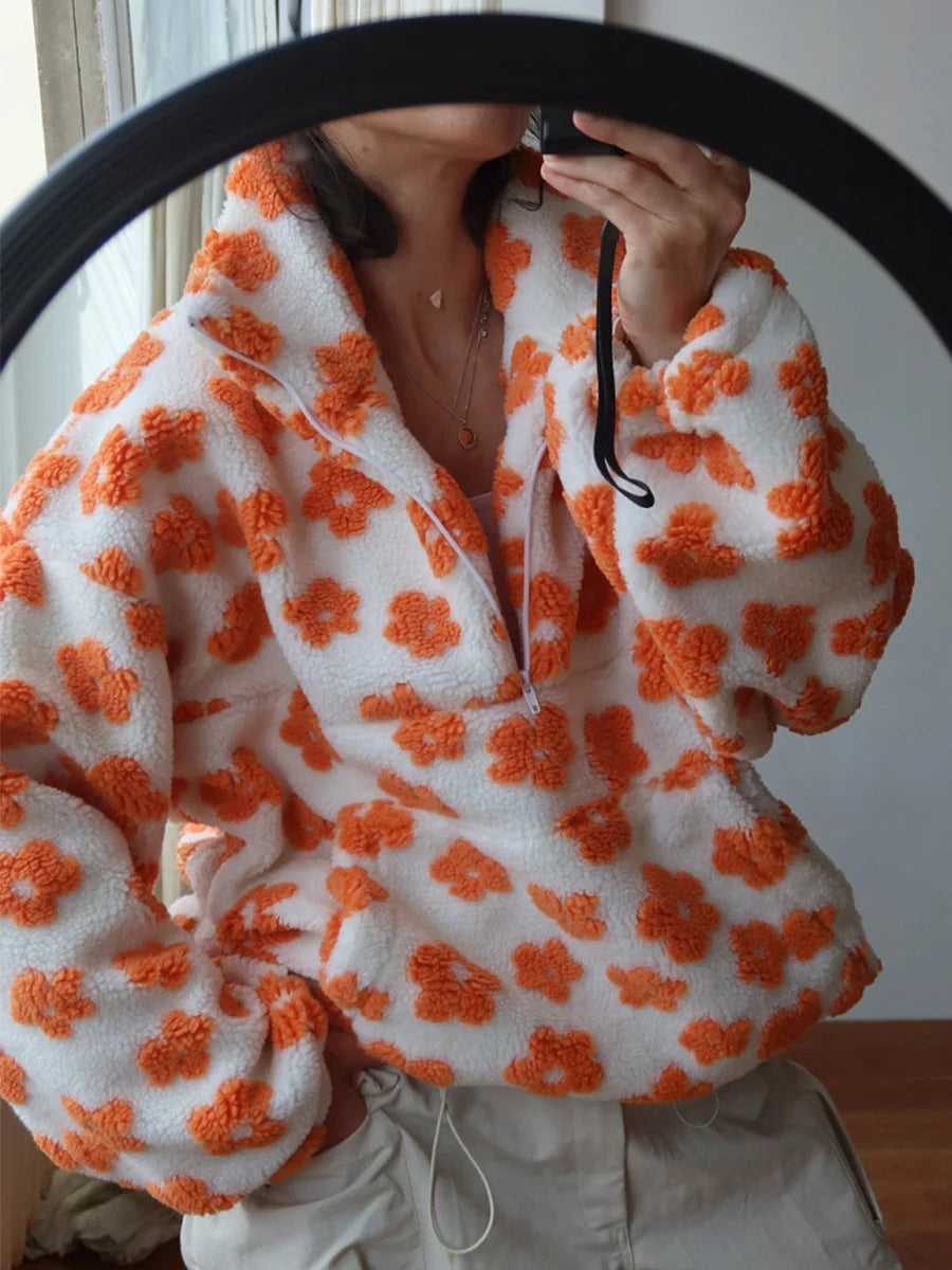 🌸 Pullover Sherpa Floral con Media Cremallera – Cálido y Estiloso