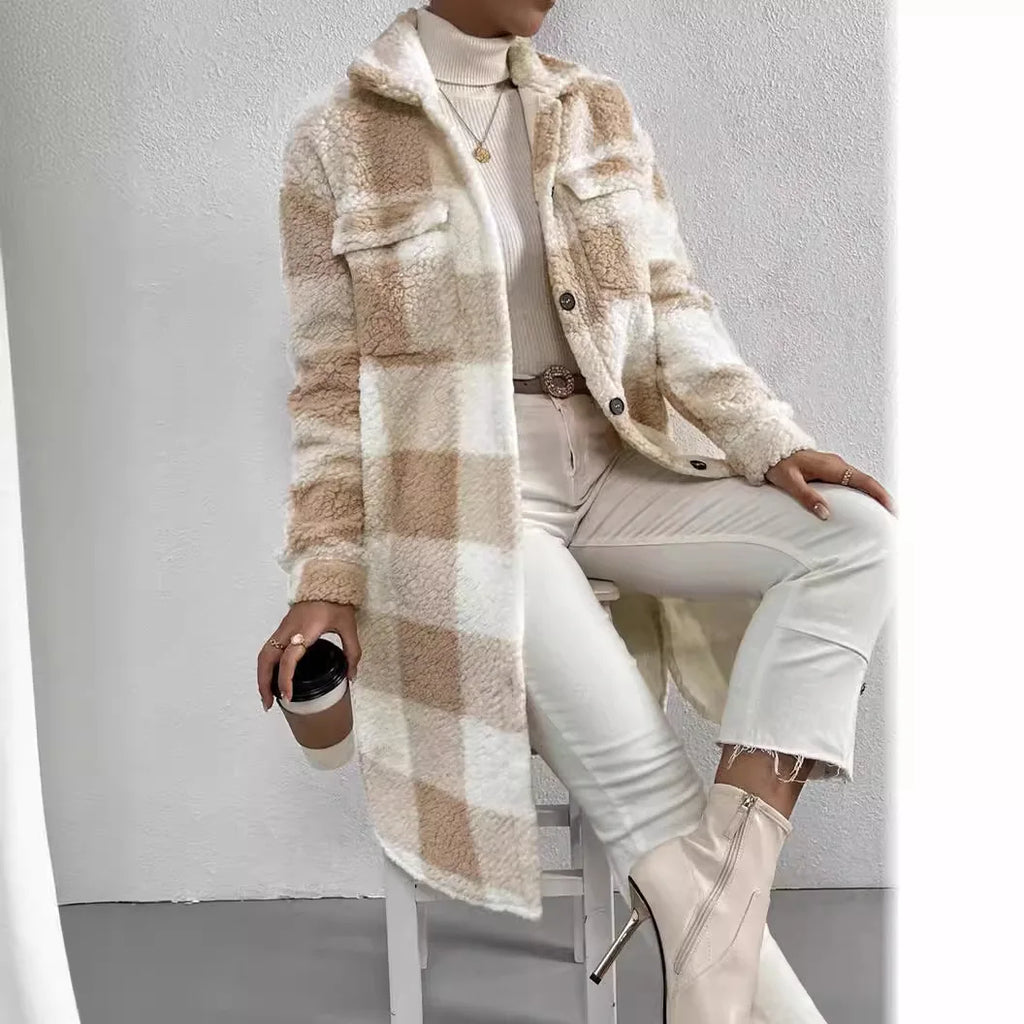 🧥 Abrigo Largo de Cuadros con Forro Polar – Estilo Trench Premium