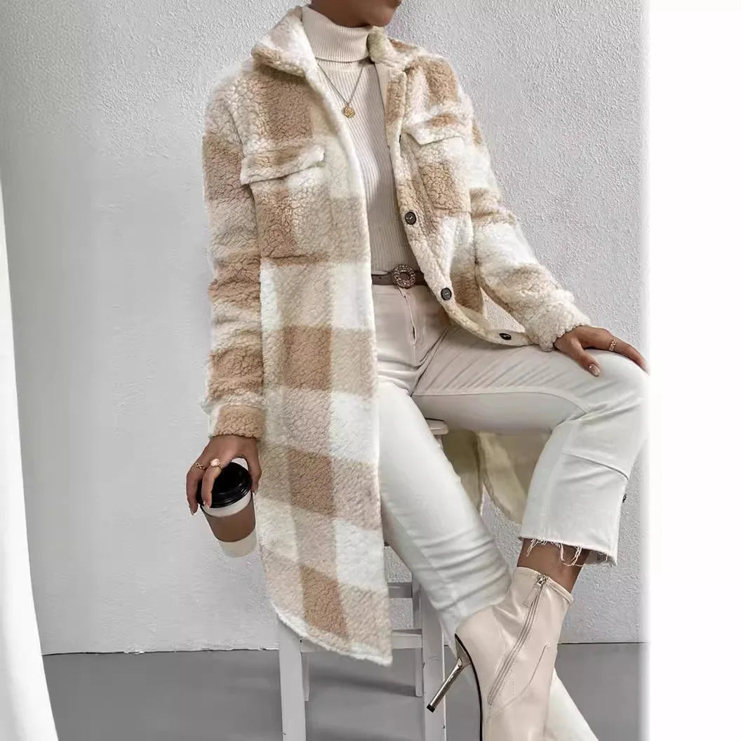 🧥 Abrigo Largo de Cuadros con Forro Polar – Estilo Trench Premium