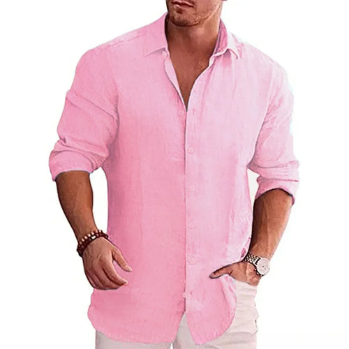 Camisa Hombre Lino Algodón Manga Larga Color Sólido – Casual Talla Grande