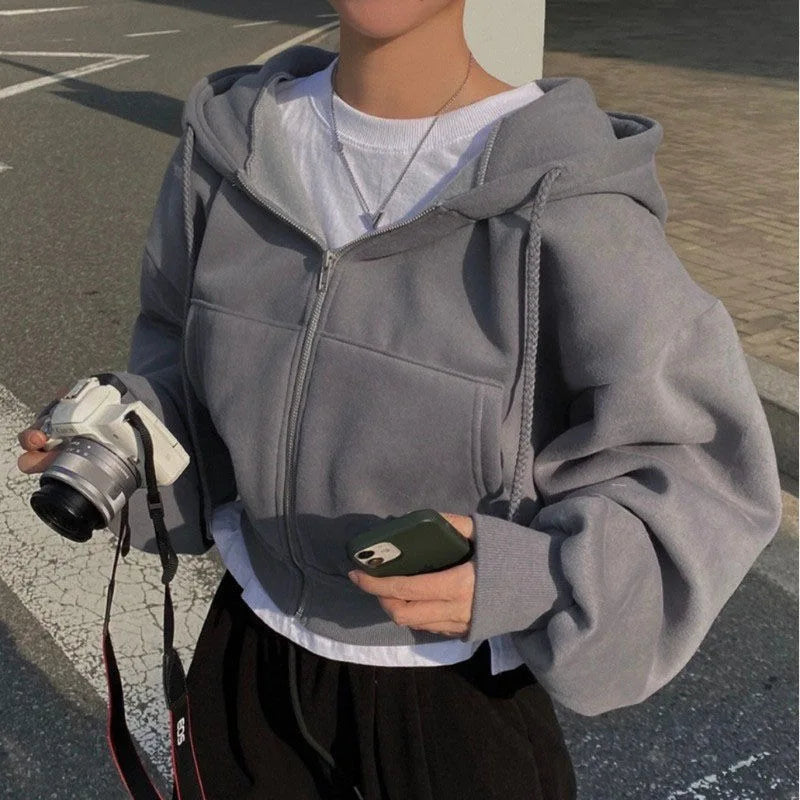 🌸 Hoodie Crop Estilo Coreano con Forro Polar – Moda Femenina Harajuku