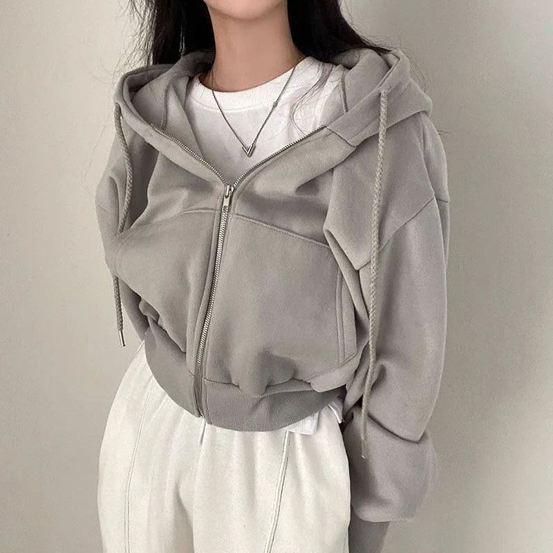 🌸 Hoodie Crop Estilo Coreano con Forro Polar – Moda Femenina Harajuku