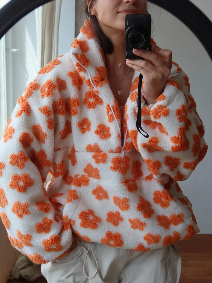 🌸 Pullover Sherpa Floral con Media Cremallera – Cálido y Estiloso