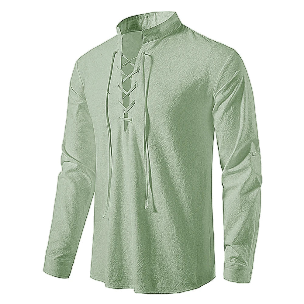 Men's Linen Cotton Long Sleeve Diagonal Placket Shirt – Vintage Casual Yoga Style Spring Autumn