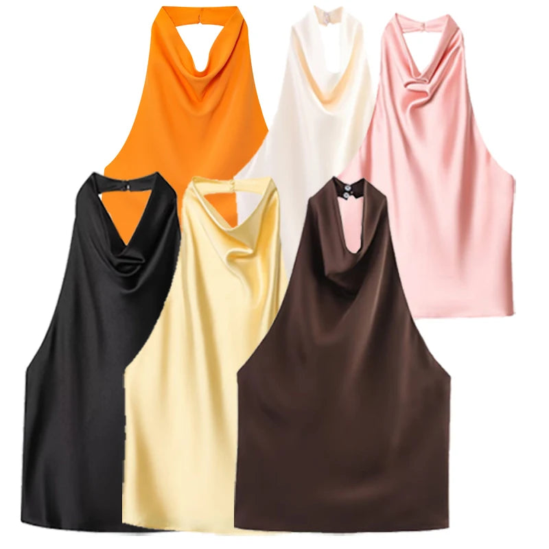 Top Corsé Halter Satén Mujer – Sin Espalda Elegante, Amarillo, Rosa & Negro