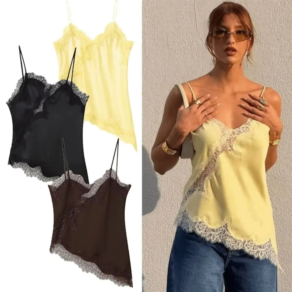 Women's Asymmetrical Lace Camisole Top – Elegant Backless, Sexy V-Neck