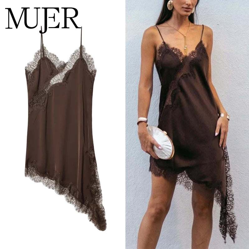 Women's Satin Mini Dress with Lace – Sexy Asymmetrical, Party & Beach