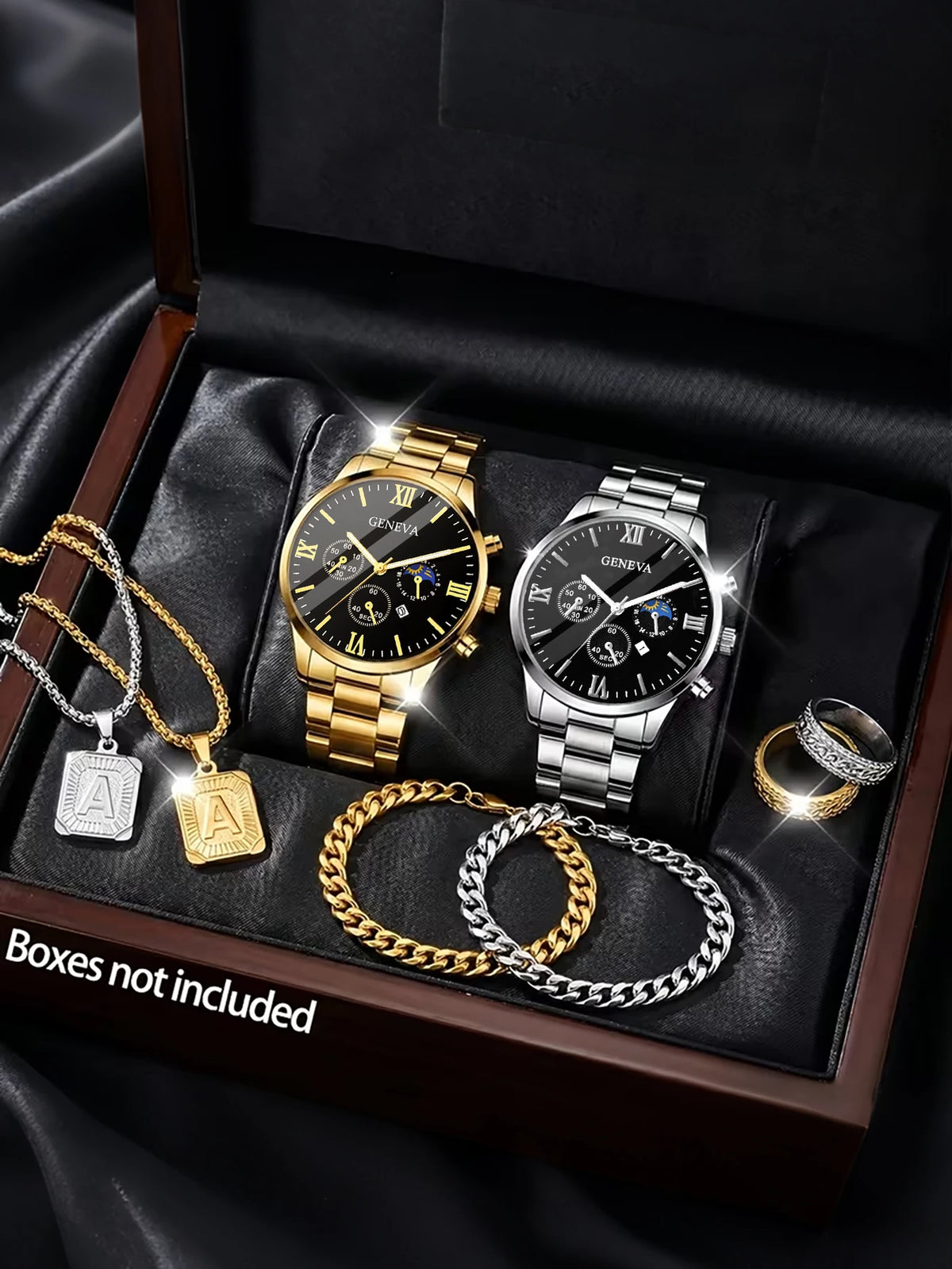 Set Reloj Cuarzo para Hombre – Pulsera, Collar & Anillo, Calendario, Regalo Elegante