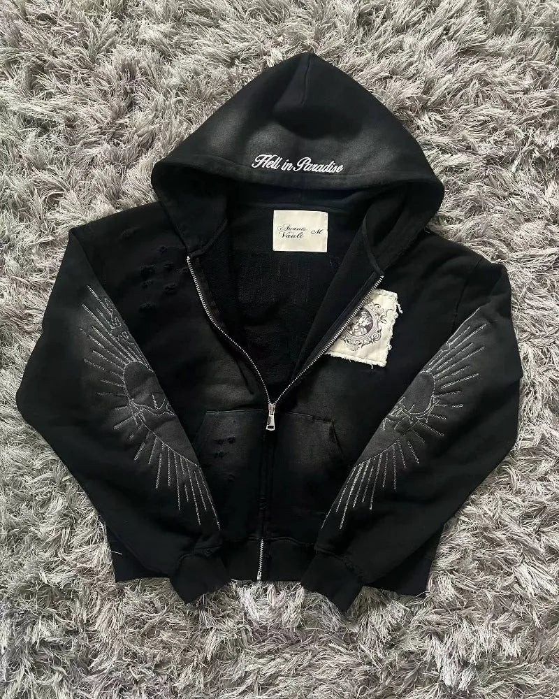 🍂 Sudadera con Bordado Retro Y2K – Estilo Harajuku Gótico