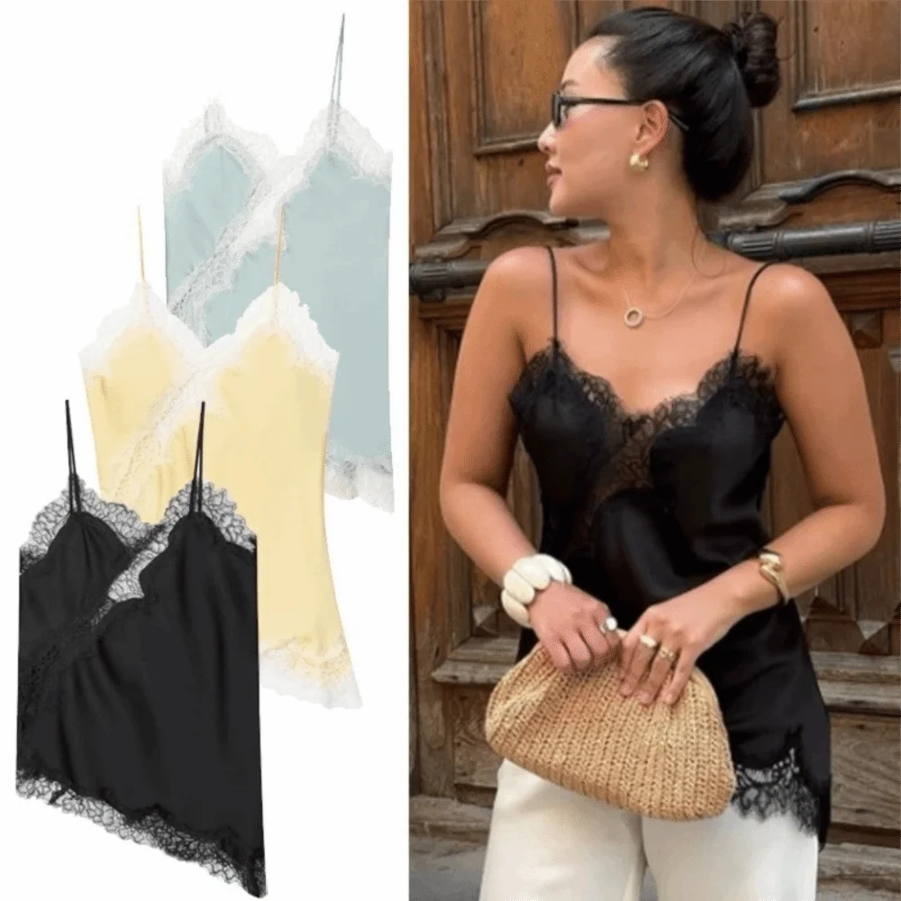 Women's Asymmetrical Lace Camisole Top – Elegant Backless, Sexy V-Neck