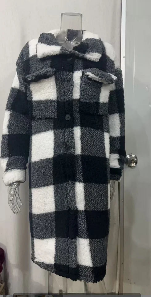 🧥 Abrigo Largo de Cuadros con Forro Polar – Estilo Trench Premium