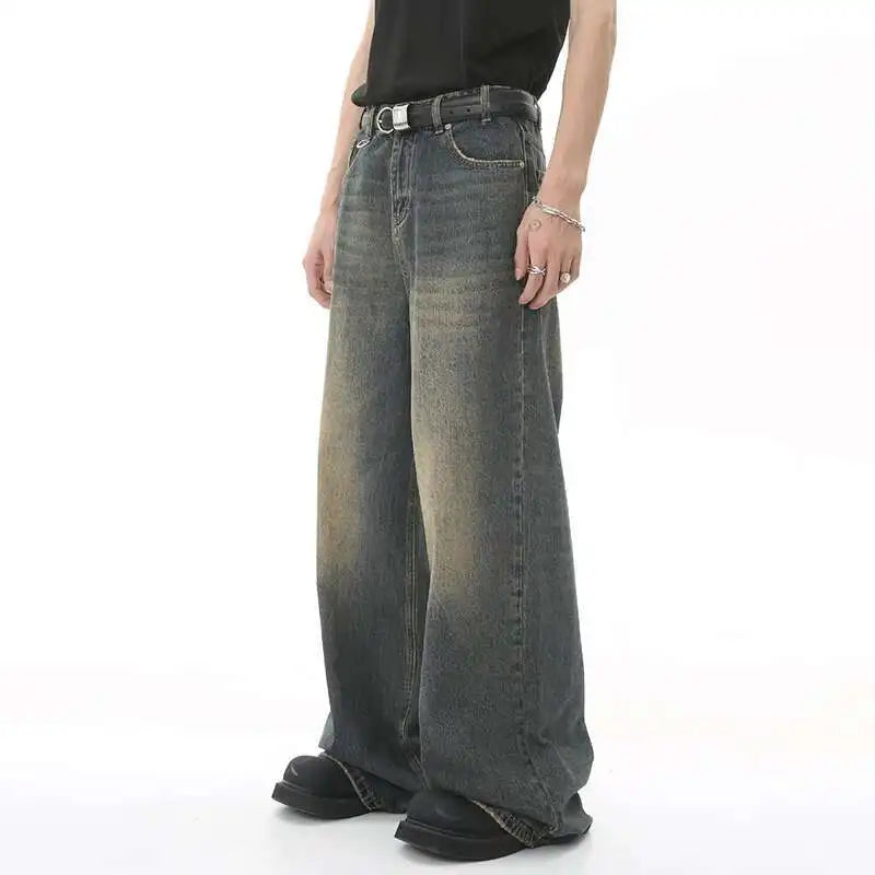 Men's Camouflage Wide-Leg Jeans – Vintage Washed Casual Denim, Size XS-XL