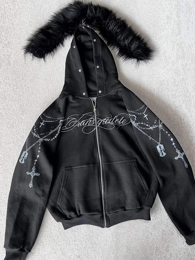 🖤 Chaqueta Gótica con Capucha y Pelo Sintético – Edición Invierno