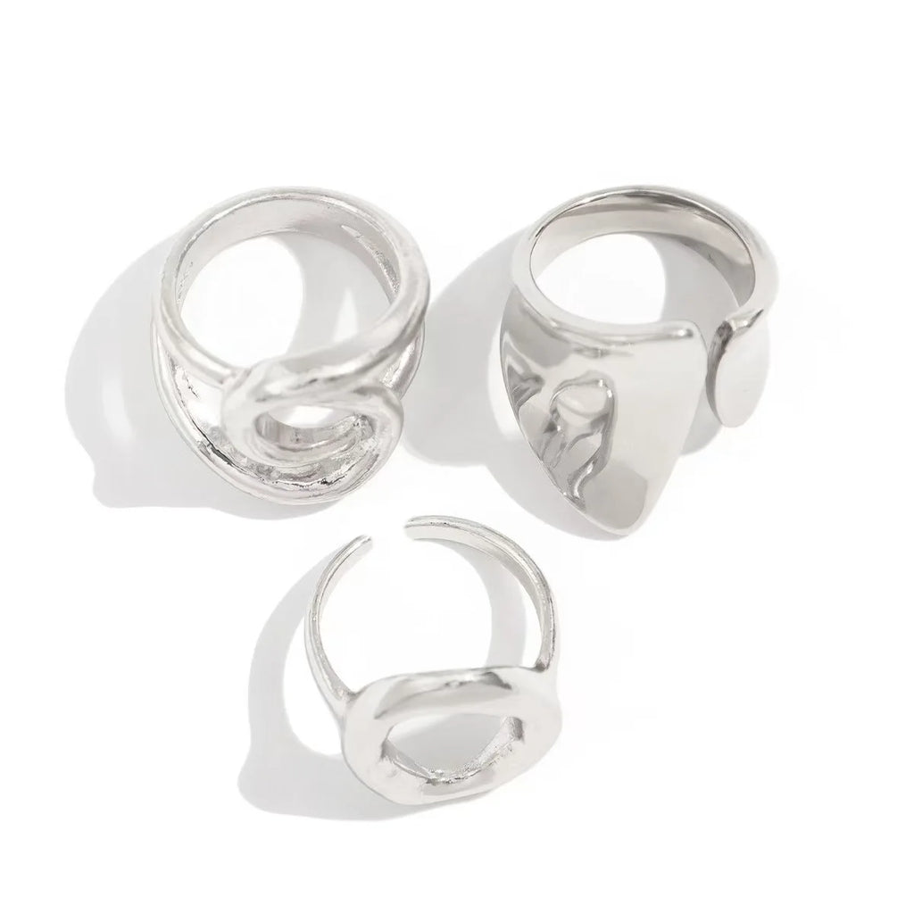 Set of 3 Geometric Punk Rings for Women – Minimalist Asymmetric Fashion Design