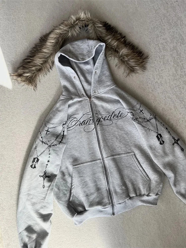 🖤 Chaqueta Gótica con Capucha y Pelo Sintético – Edición Invierno
