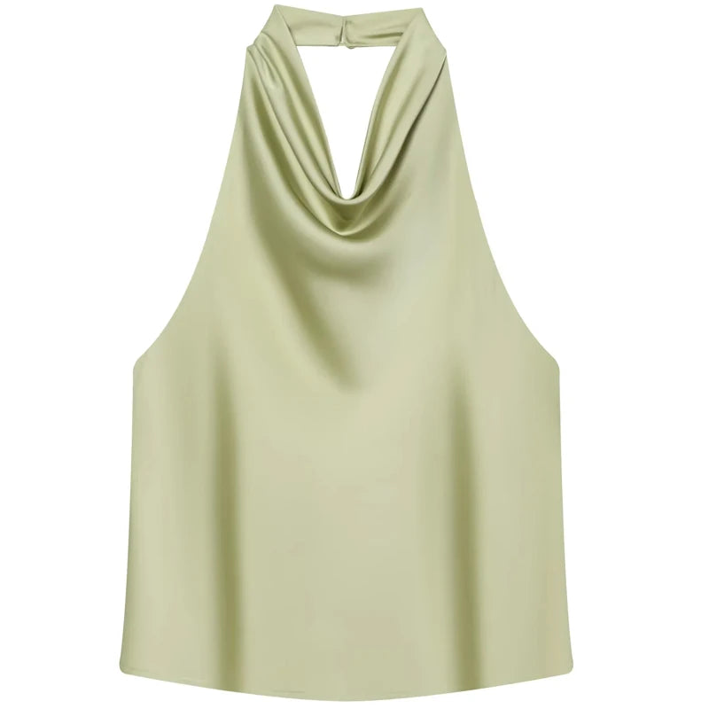 Top Corsé Halter Satén Mujer – Sin Espalda Elegante, Amarillo, Rosa & Negro