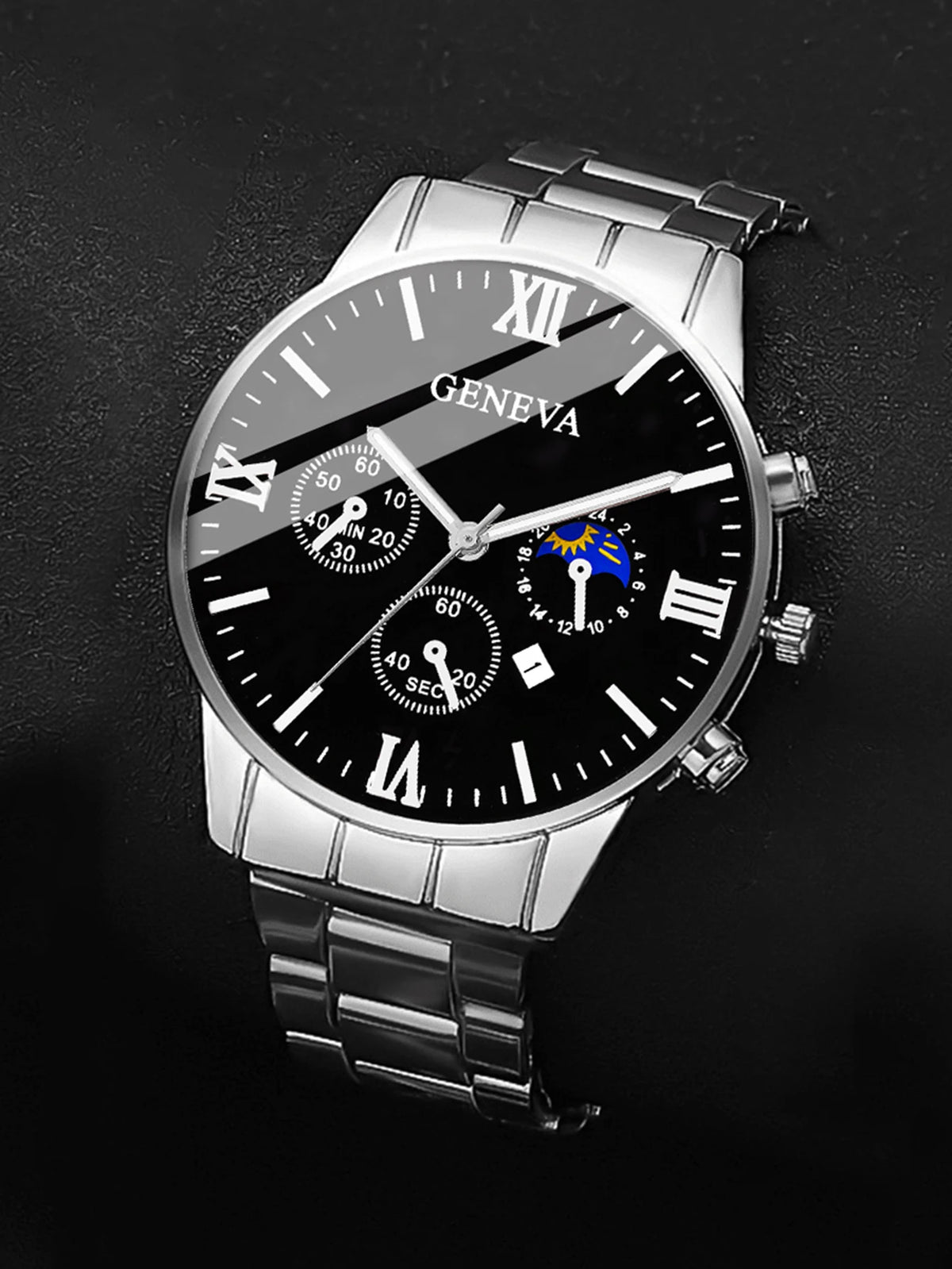 Set Reloj Cuarzo para Hombre – Pulsera, Collar & Anillo, Calendario, Regalo Elegante
