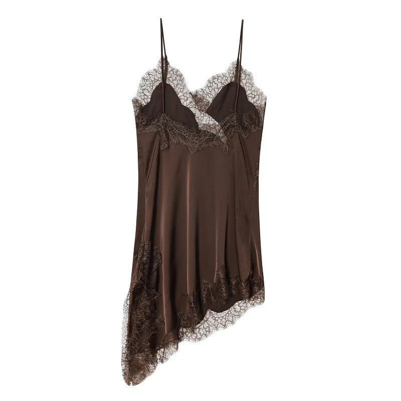 Women's Satin Mini Dress with Lace – Sexy Asymmetrical, Party & Beach