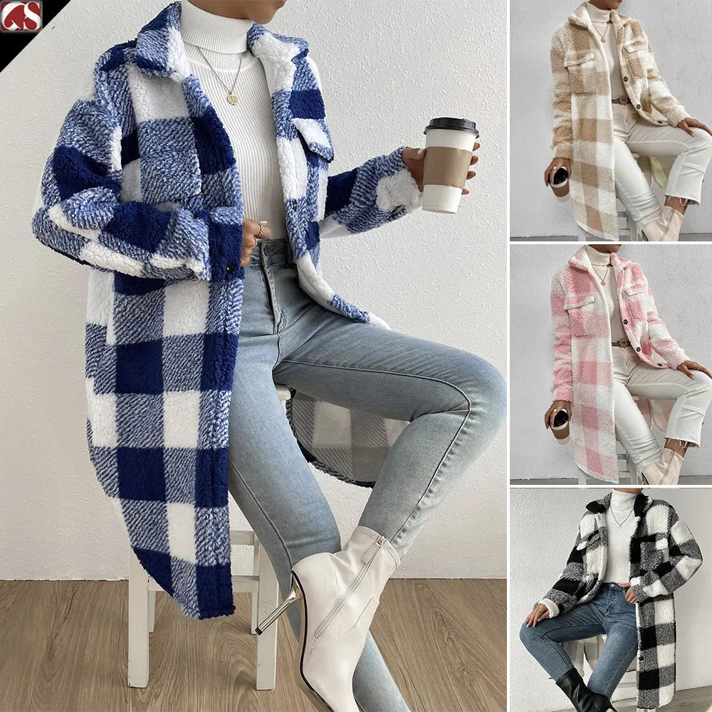 🧥 Abrigo Largo de Cuadros con Forro Polar – Estilo Trench Premium
