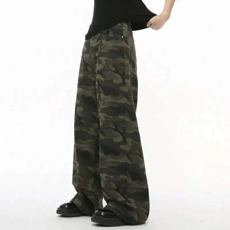 Men's Camouflage Wide-Leg Jeans – Vintage Washed Casual Denim, Size XS-XL