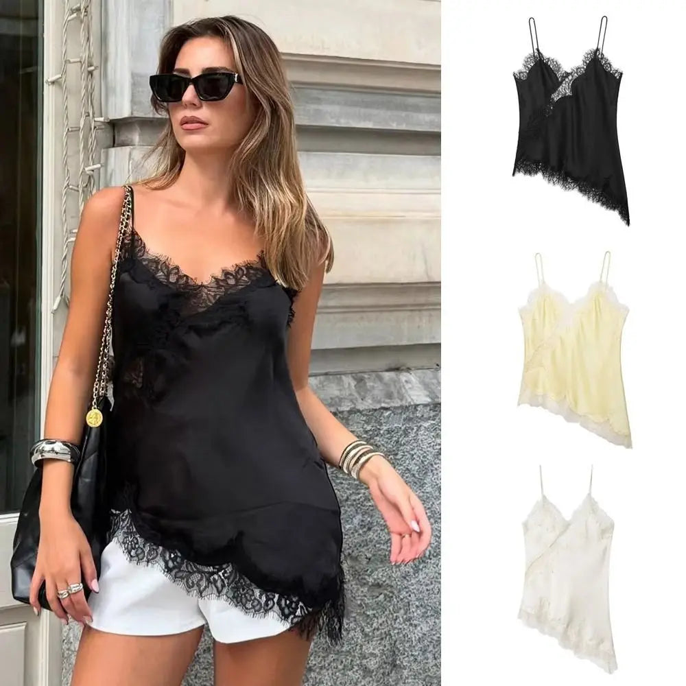 Women's Asymmetrical Lace Camisole Top – Elegant Backless, Sexy V-Neck