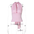 Sexy V-neck cami crop top for women; slim-fit Y2K style, backless, with lace-up and ruched detail. Ideal for parties and clubs. Summer 2026 trend.