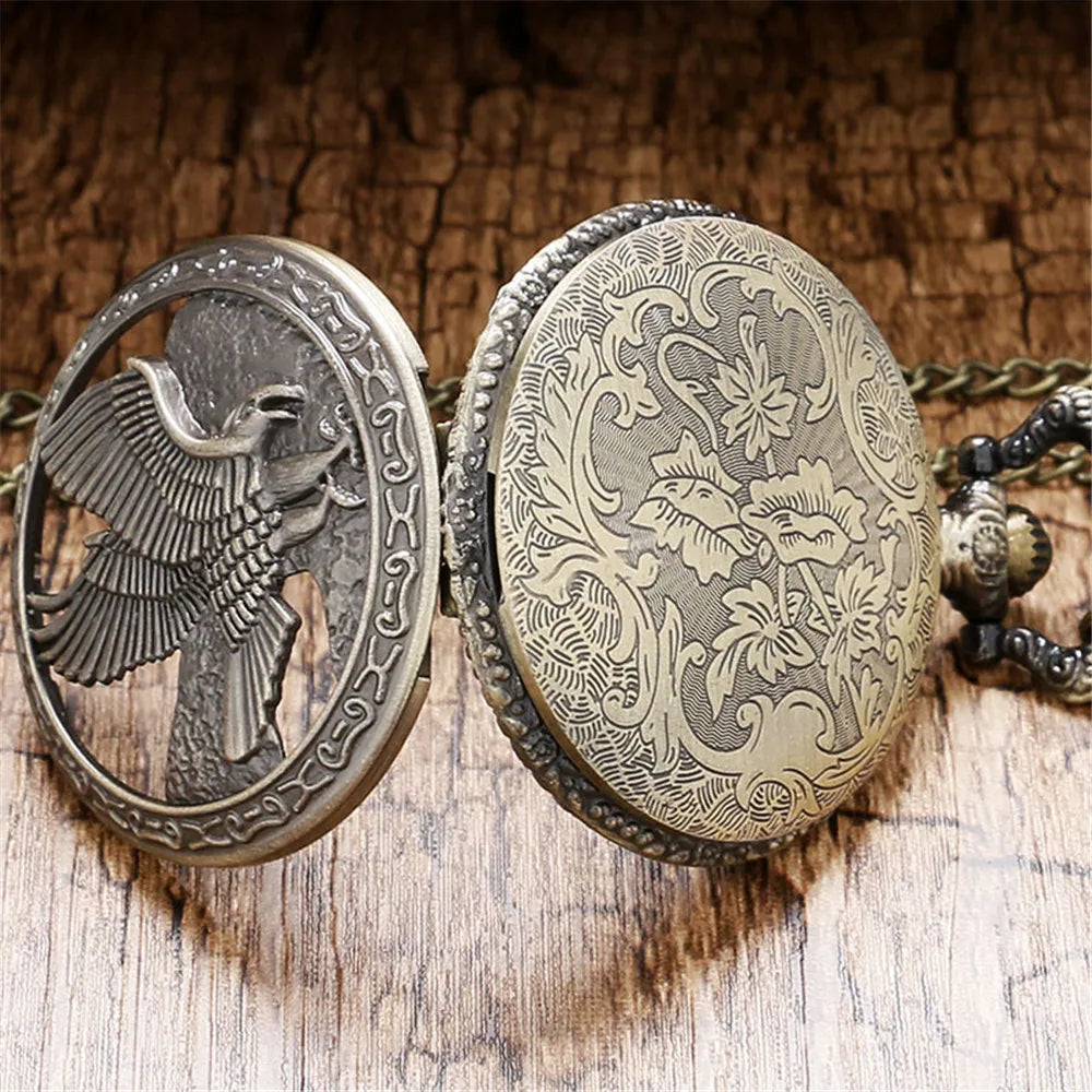 Reloj de Bolsillo Águila Bronce – Colgante Collar Cuarzo, Regalo Unisex Vintage