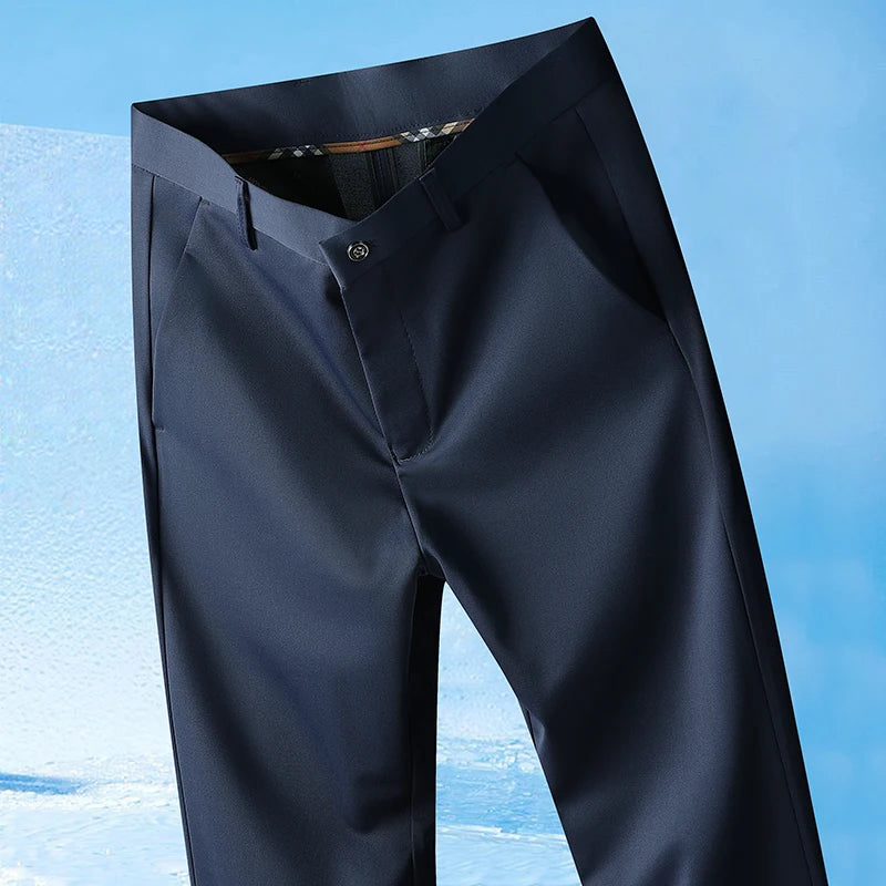 Men's Straight-Leg Non-Iron Silky Fabric Trousers – Lightweight Casual Spring/Summer, Size 29-42