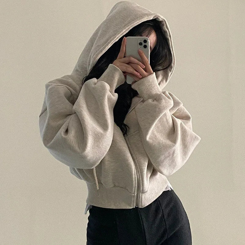 🌸 Hoodie Crop Estilo Coreano con Forro Polar – Moda Femenina Harajuku