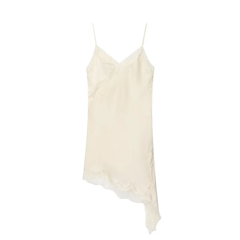 Women's Satin Mini Dress with Lace – Sexy Asymmetrical, Party & Beach