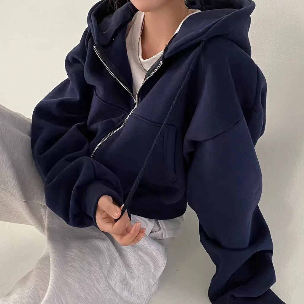 🌸 Hoodie Crop Estilo Coreano con Forro Polar – Moda Femenina Harajuku