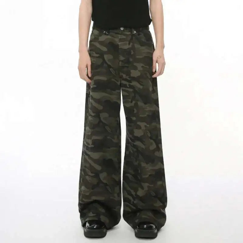 Men's Camouflage Wide-Leg Jeans – Vintage Washed Casual Denim, Size XS-XL