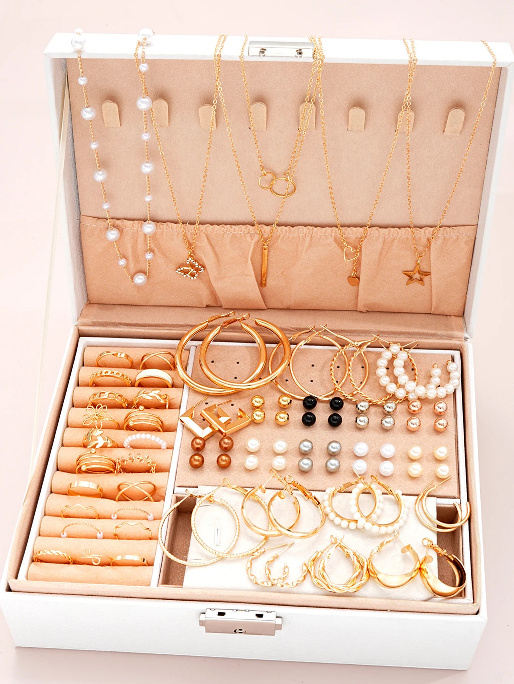 86-Piece Pearl Jewelry Set – Necklace, Earrings & Rings, Women's Gift