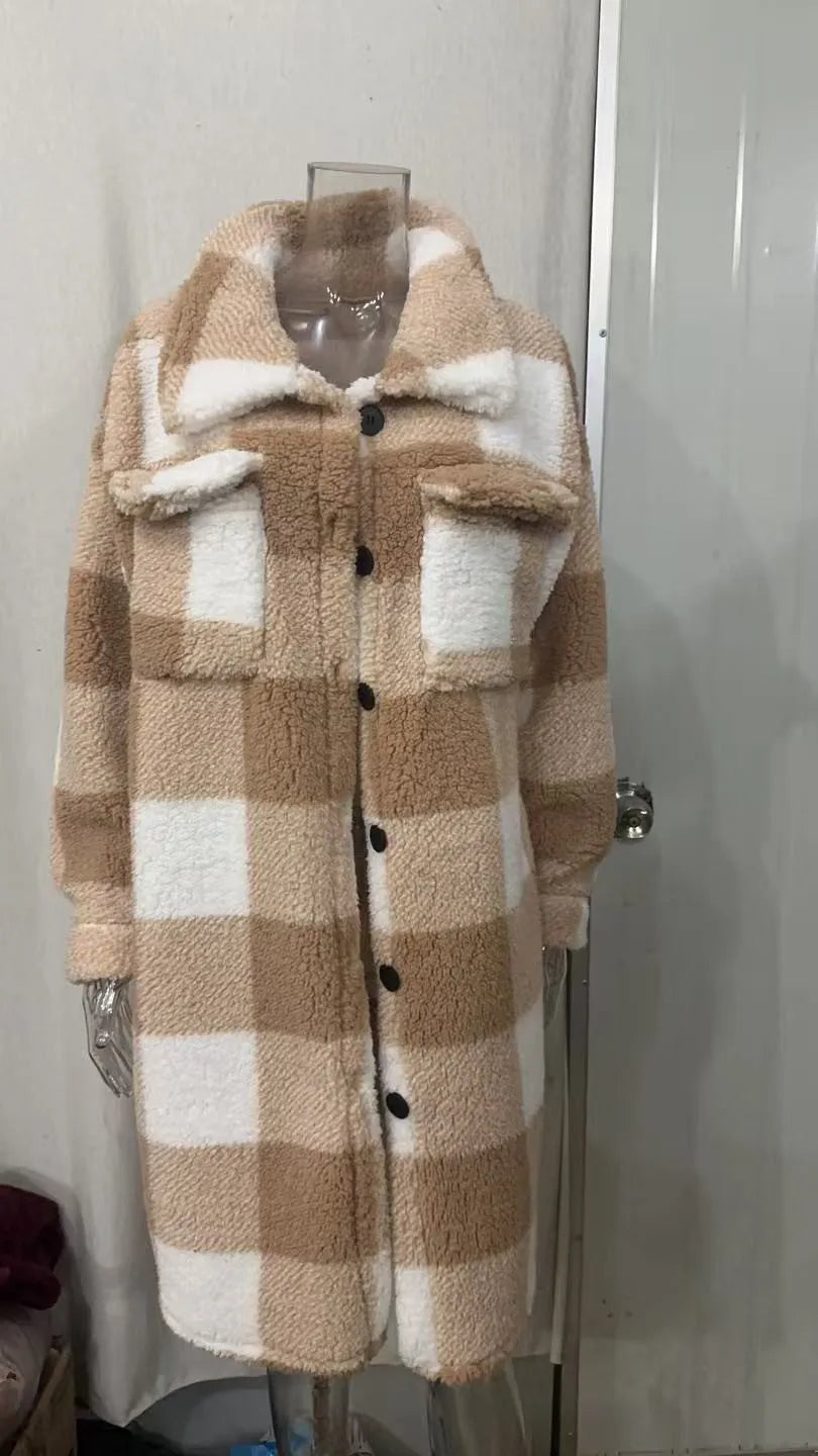 🧥 Abrigo Largo de Cuadros con Forro Polar – Estilo Trench Premium