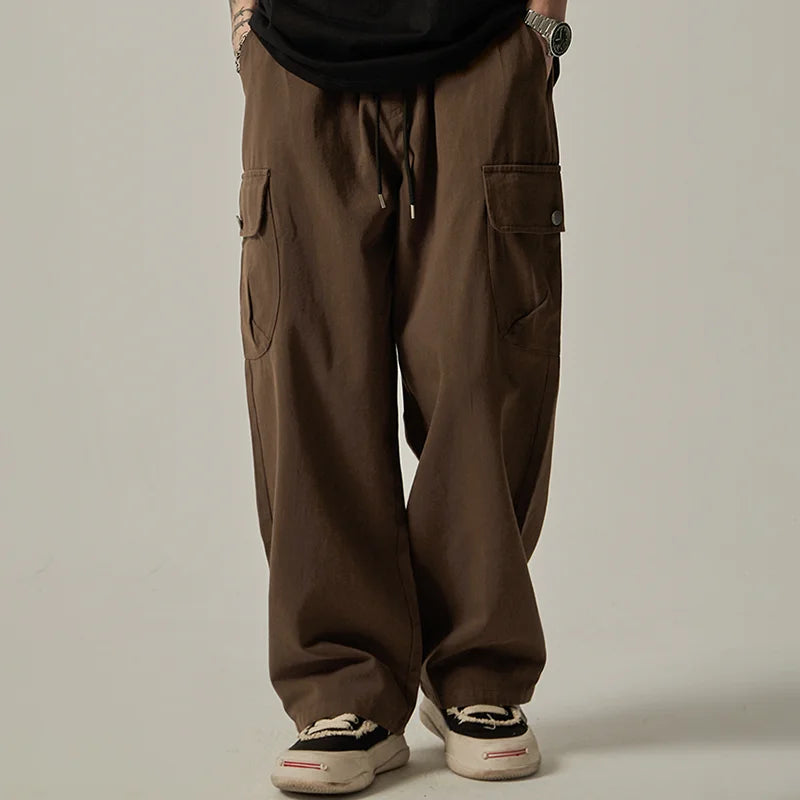 Pantalones Cargo Hombre Vintage Pierna Ancha 2025 – Bolsillos Grandes Cordones Primavera Otoño