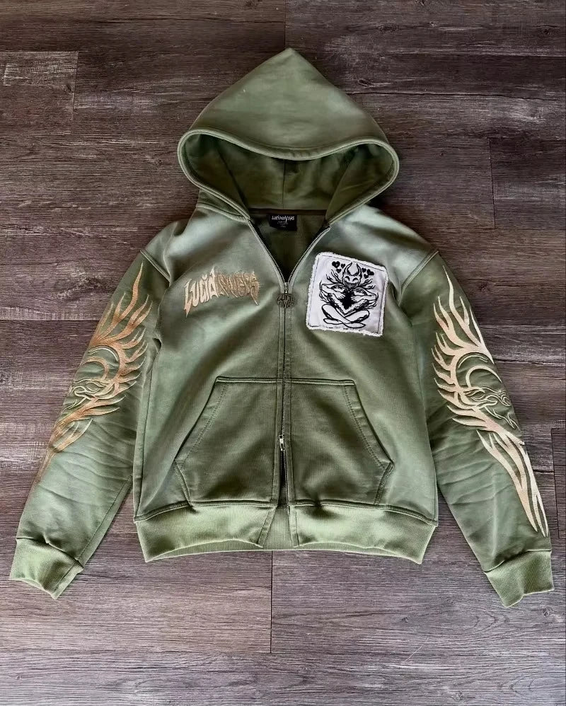 🍂 Sudadera con Bordado Retro Y2K – Estilo Harajuku Gótico
