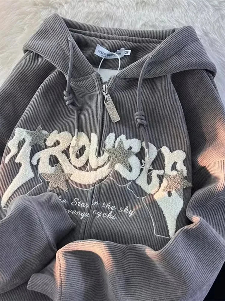 Sudadera Oversize Y2K con Cremallera y Bordado Gris