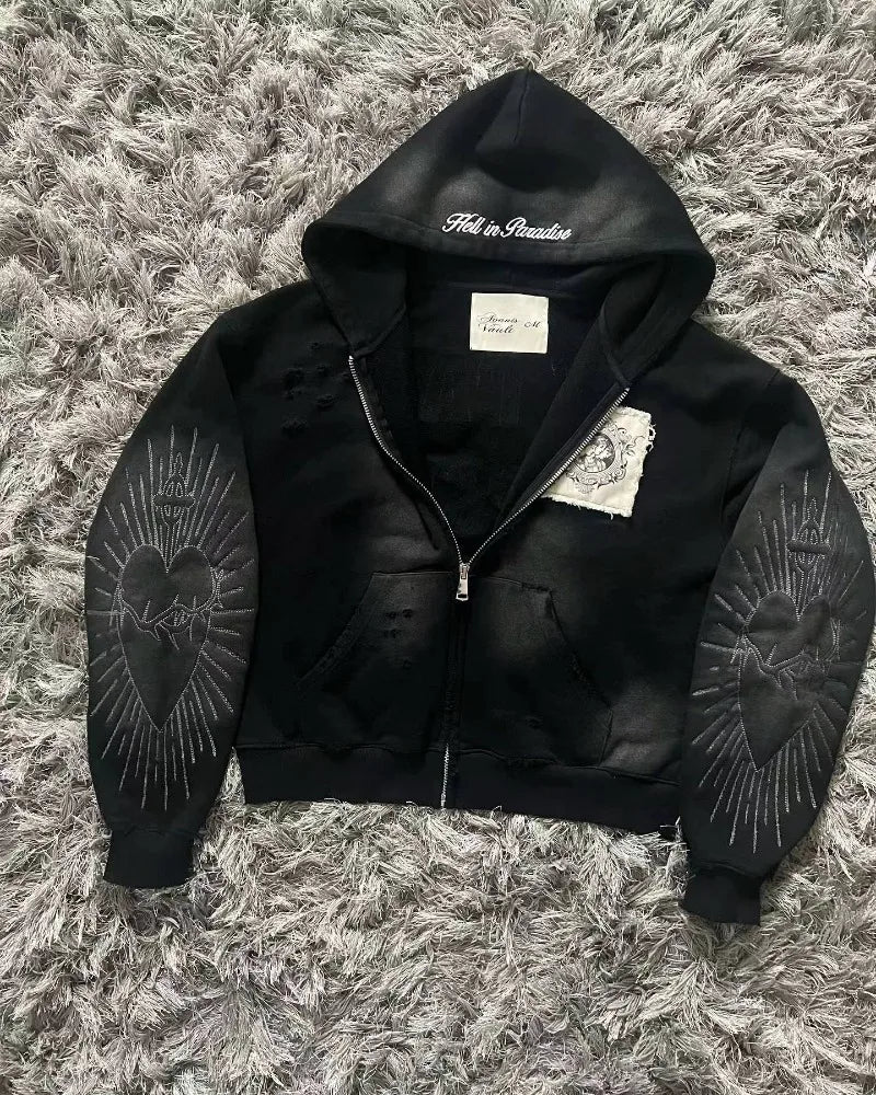 🍂 Sudadera con Bordado Retro Y2K – Estilo Harajuku Gótico