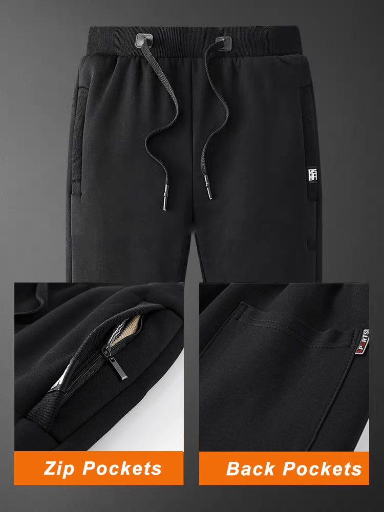 Men's winter sweatpants: thick, warm fleece joggers, casual cotton sportswear with zippered pockets and plus sizes (6XL, 7XL, 8XL).