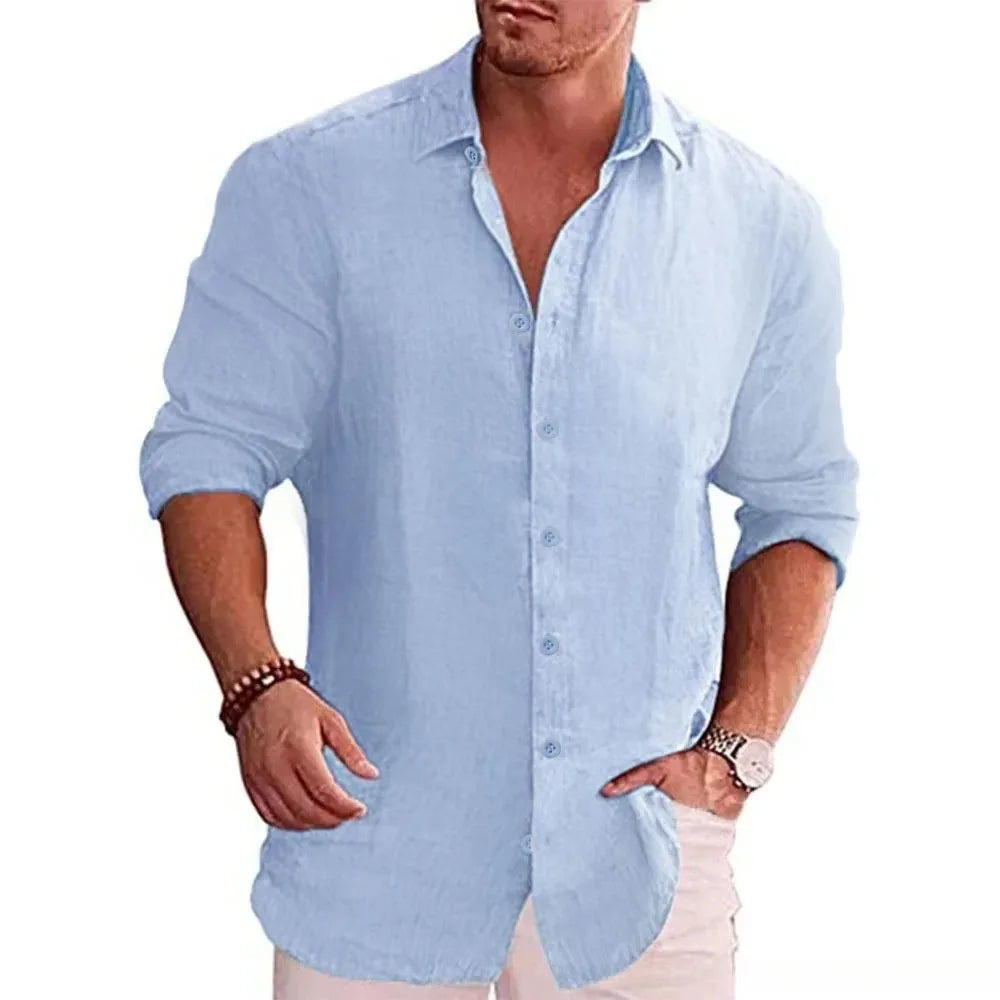 Camisa Hombre Lino Algodón Manga Larga Color Sólido – Casual Talla Grande