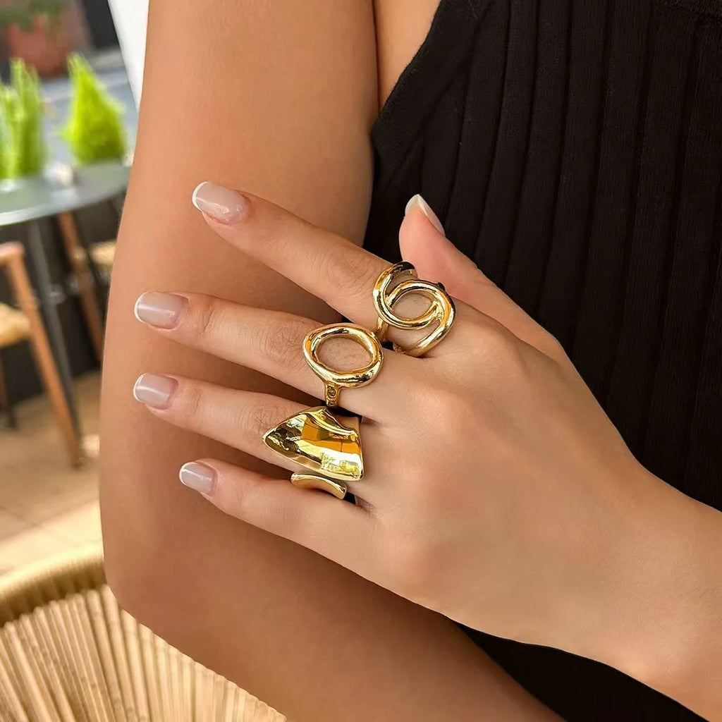 Set of 3 Geometric Punk Rings for Women – Minimalist Asymmetric Fashion Design