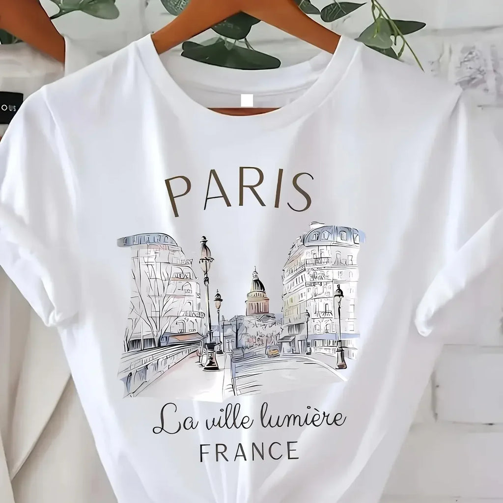 90s style Paris print t-shirt for women and girls; short sleeves, crew neck, casual garment ideal for spring and summer.