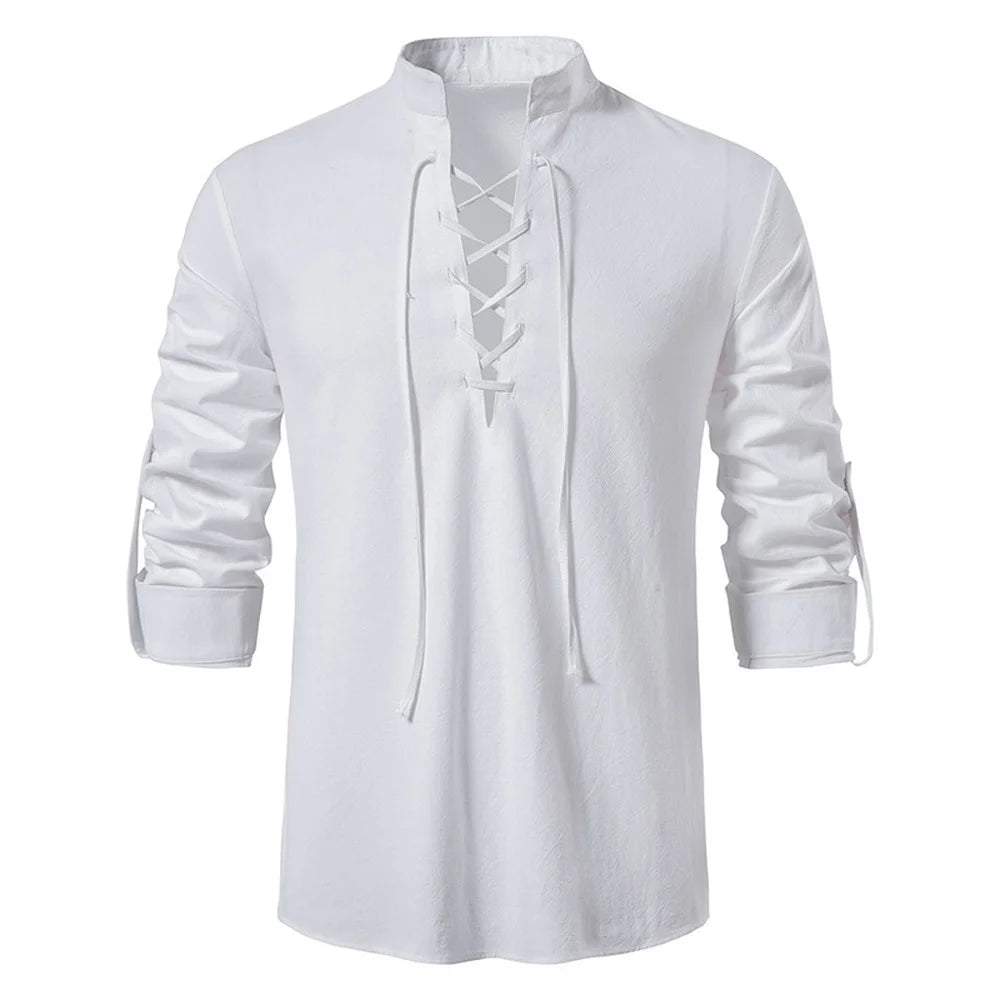 Men's Linen Cotton Long Sleeve Diagonal Placket Shirt – Vintage Casual Yoga Style Spring Autumn