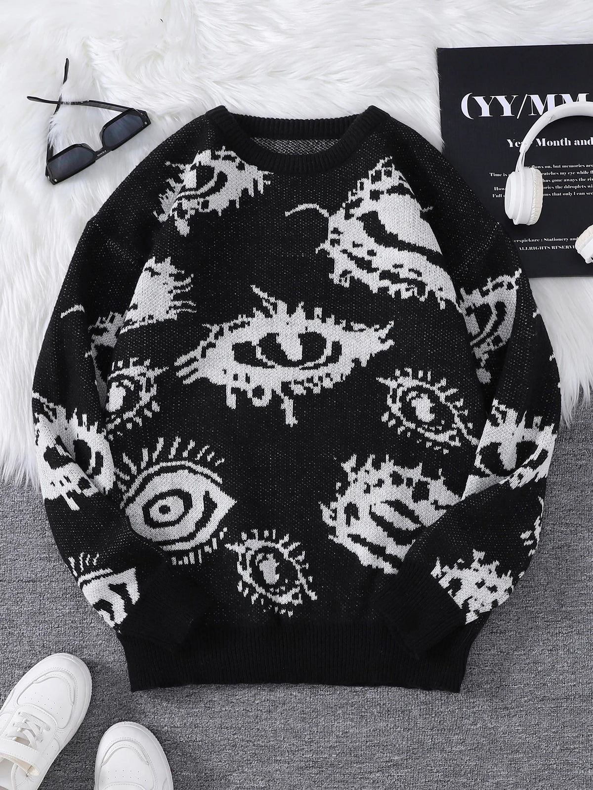 Jersey Jacquard con Motivo de Ojo Abstracto – Pullover Casual Otoño-Invierno