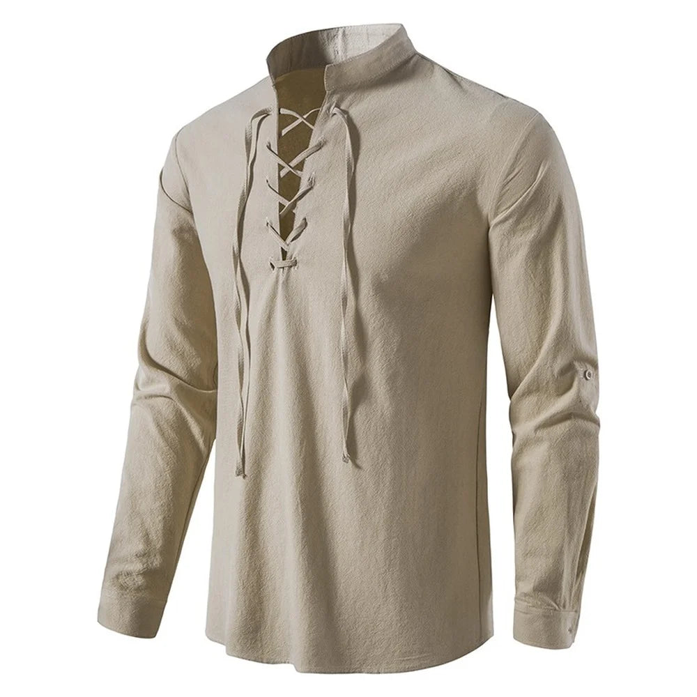 Men's Linen Cotton Long Sleeve Diagonal Placket Shirt – Vintage Casual Yoga Style Spring Autumn